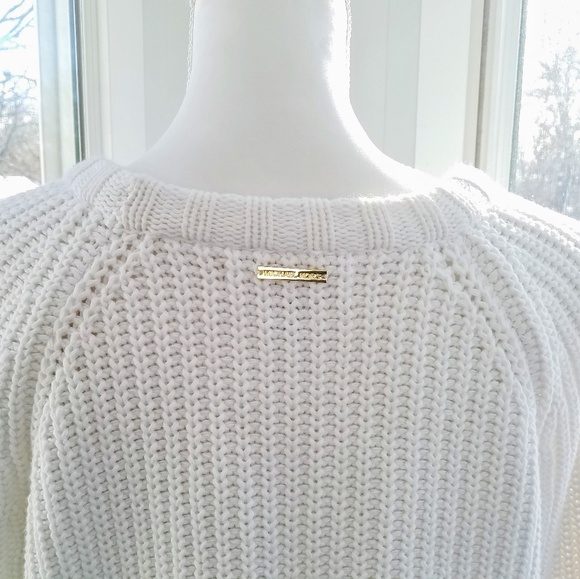 Michael Kors White Knit Gold Studded Stripe Hem Crewneck Sweater - Picture 7 of 8